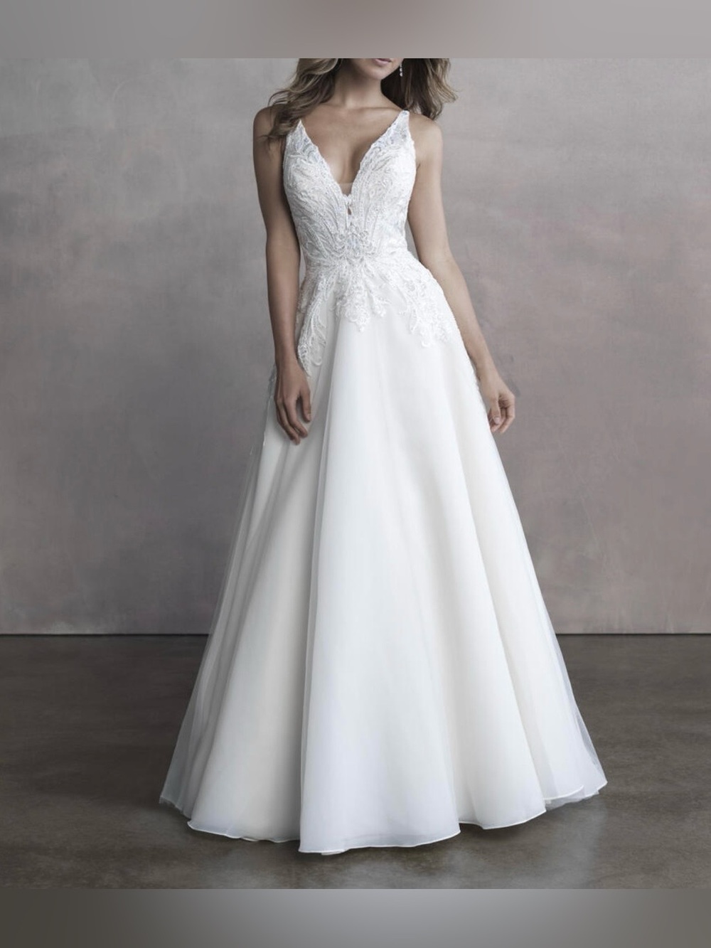 Allure Bridal 9800L Elegant White Lace A-Line Wedding Dress with Plunging V-Neck